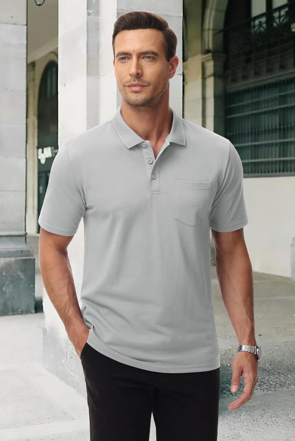 imageMAGCOMSEN Mens Polo Shirts with Pocket Cotton Pique Short Sleeve Collared Shirt Moisture Wicking Golf Shirts 3Button ShirtsLight Grey