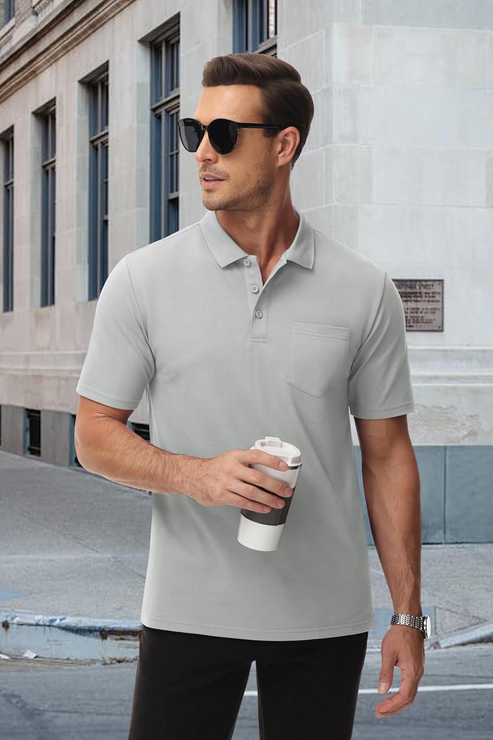 imageMAGCOMSEN Mens Polo Shirts with Pocket Cotton Pique Short Sleeve Collared Shirt Moisture Wicking Golf Shirts 3Button ShirtsLight Grey