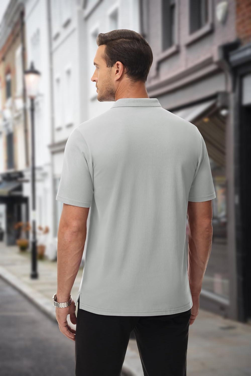 imageMAGCOMSEN Mens Polo Shirts with Pocket Cotton Pique Short Sleeve Collared Shirt Moisture Wicking Golf Shirts 3Button ShirtsLight Grey