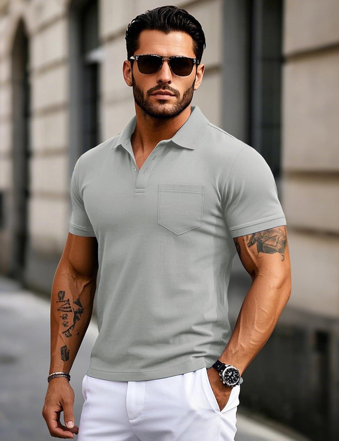 imageMAGCOMSEN Mens Polo Shirts with Pocket Cotton Pique Short Sleeve Collared Shirt Moisture Wicking Golf Shirts 3Button ShirtsLite Gray