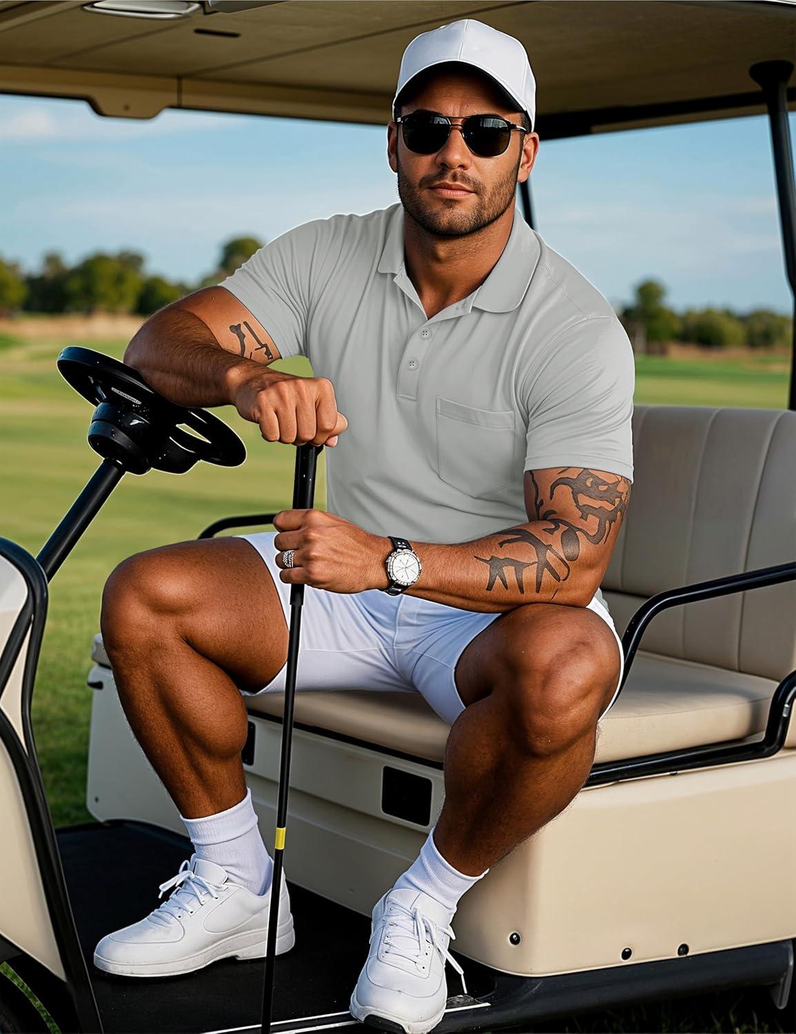imageMAGCOMSEN Mens Polo Shirts with Pocket Cotton Pique Short Sleeve Collared Shirt Moisture Wicking Golf Shirts 3Button ShirtsLite Gray