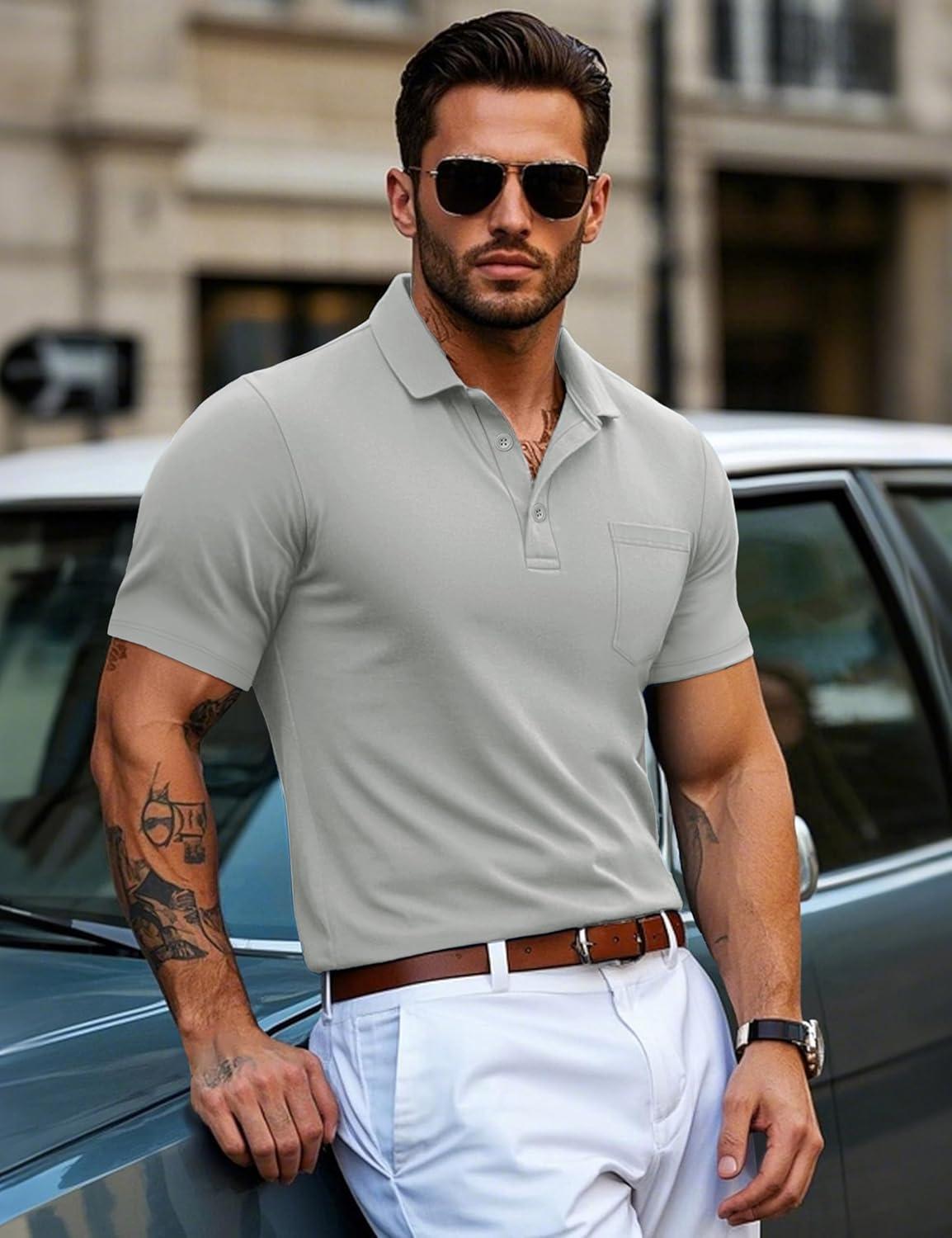 imageMAGCOMSEN Mens Polo Shirts with Pocket Cotton Pique Short Sleeve Collared Shirt Moisture Wicking Golf Shirts 3Button ShirtsLite Gray