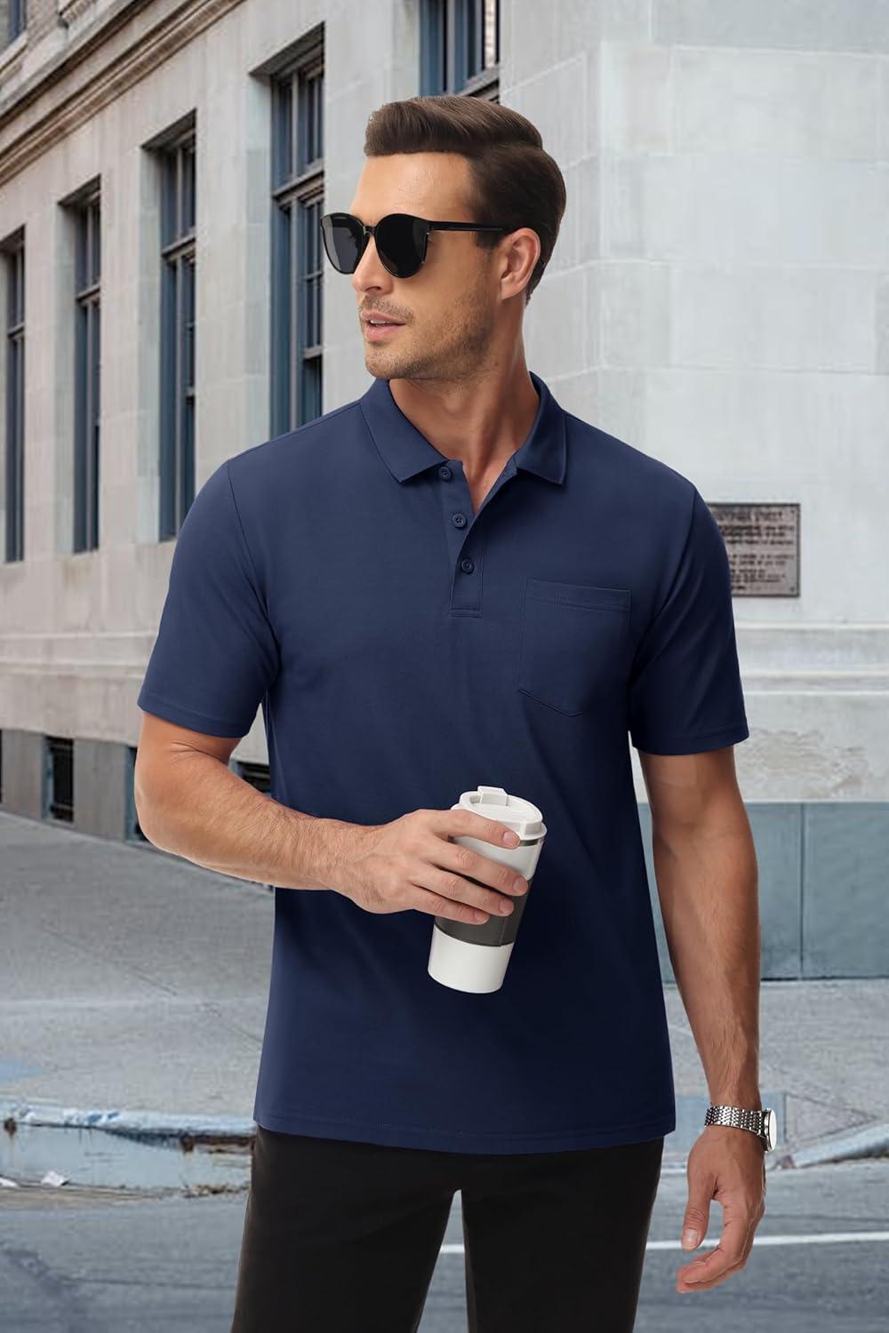 imageMAGCOMSEN Mens Polo Shirts with Pocket Cotton Pique Short Sleeve Collared Shirt Moisture Wicking Golf Shirts 3Button ShirtsNavy
