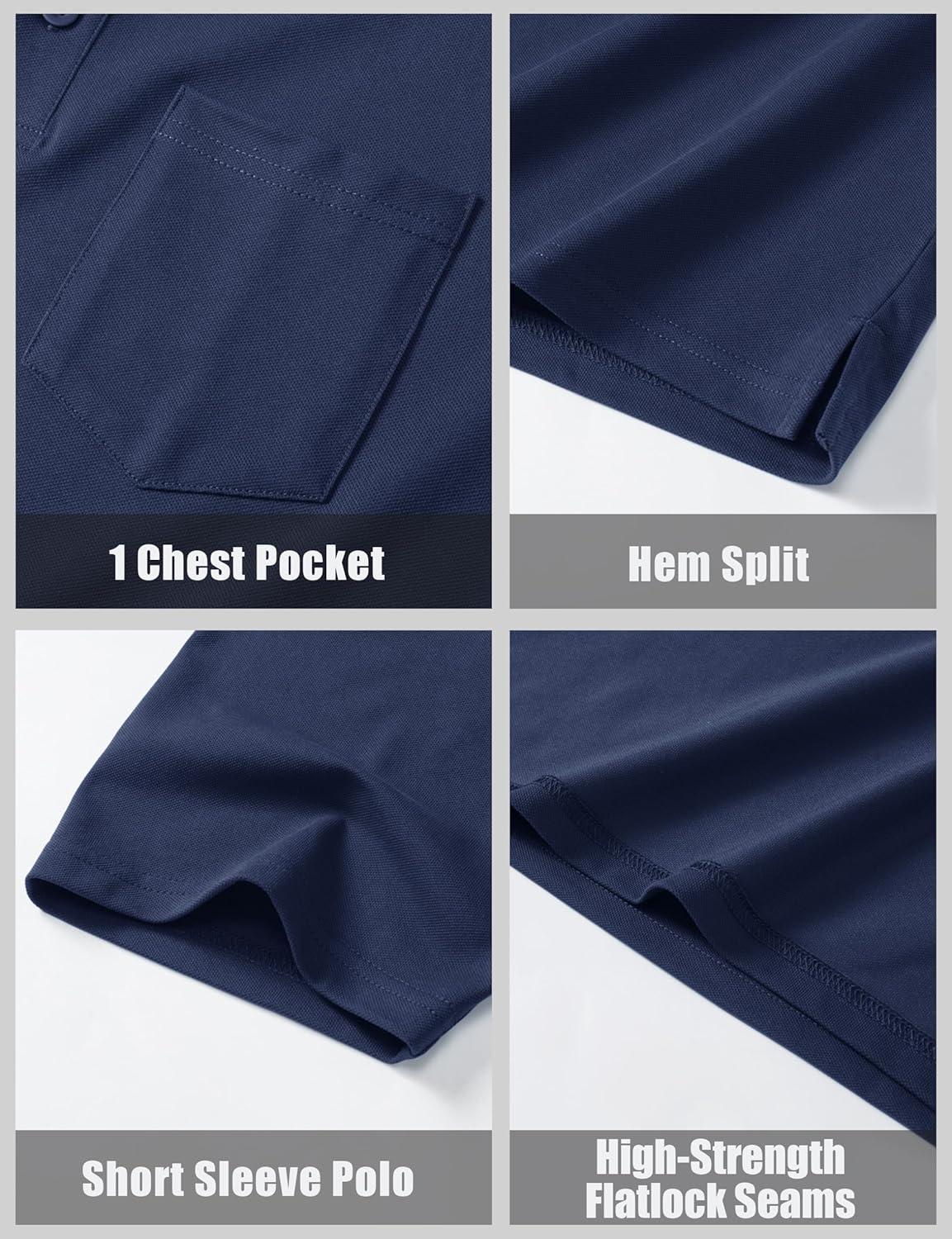 imageMAGCOMSEN Mens Polo Shirts with Pocket Cotton Pique Short Sleeve Collared Shirt Moisture Wicking Golf Shirts 3Button ShirtsNavy