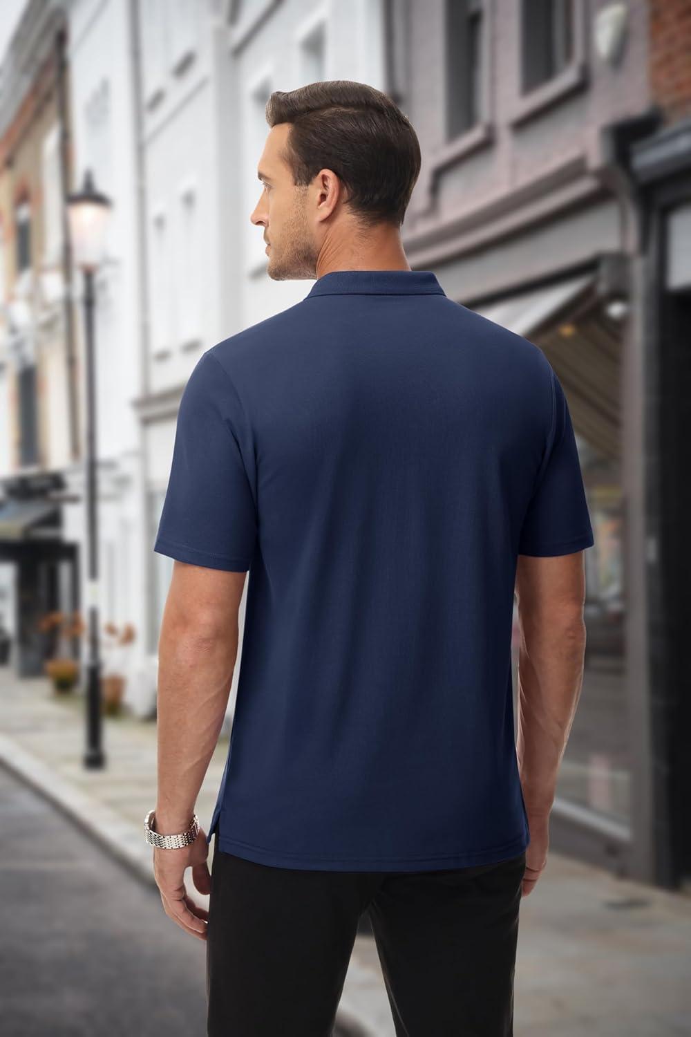 imageMAGCOMSEN Mens Polo Shirts with Pocket Cotton Pique Short Sleeve Collared Shirt Moisture Wicking Golf Shirts 3Button ShirtsNavy