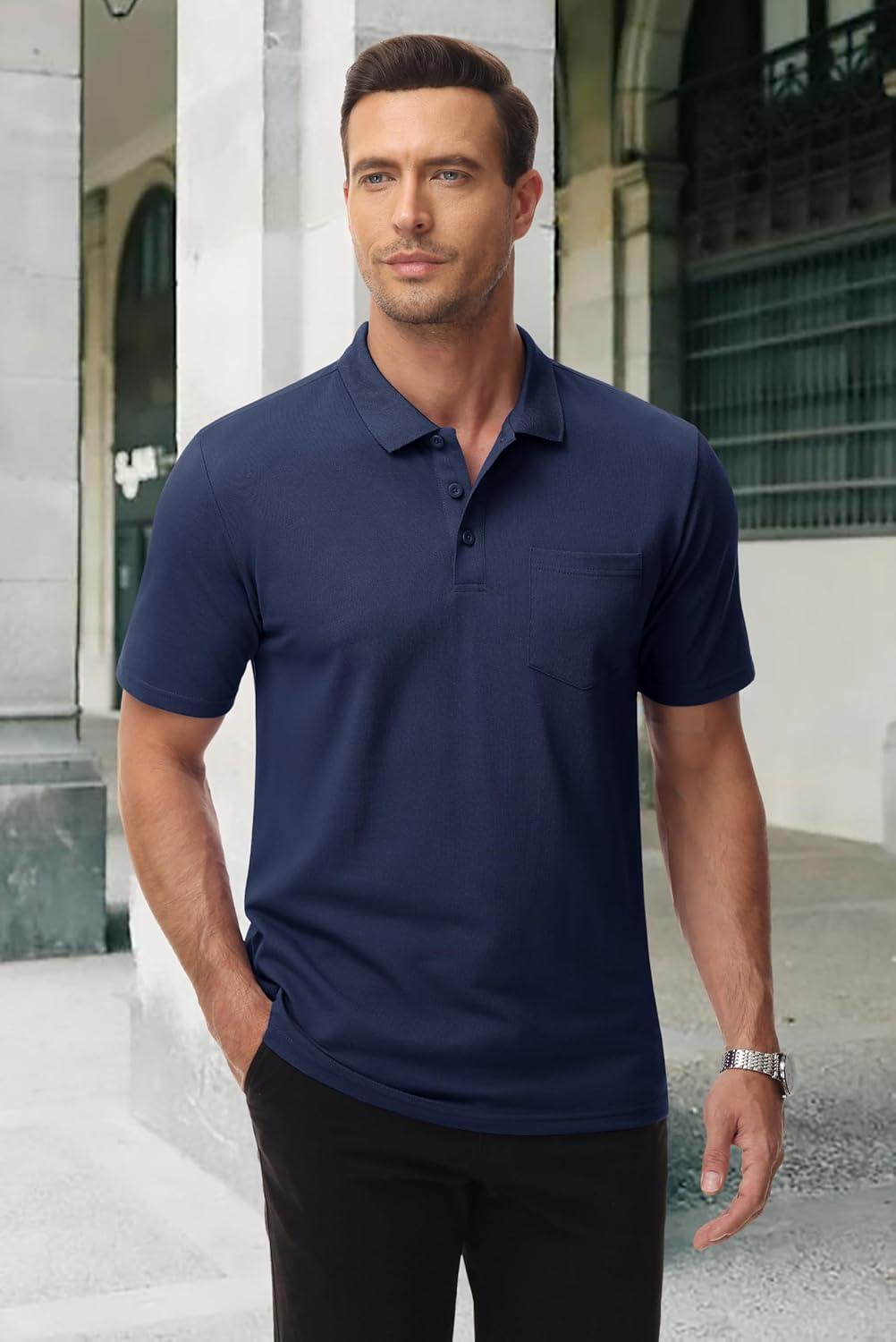 imageMAGCOMSEN Mens Polo Shirts with Pocket Cotton Pique Short Sleeve Collared Shirt Moisture Wicking Golf Shirts 3Button ShirtsNavy
