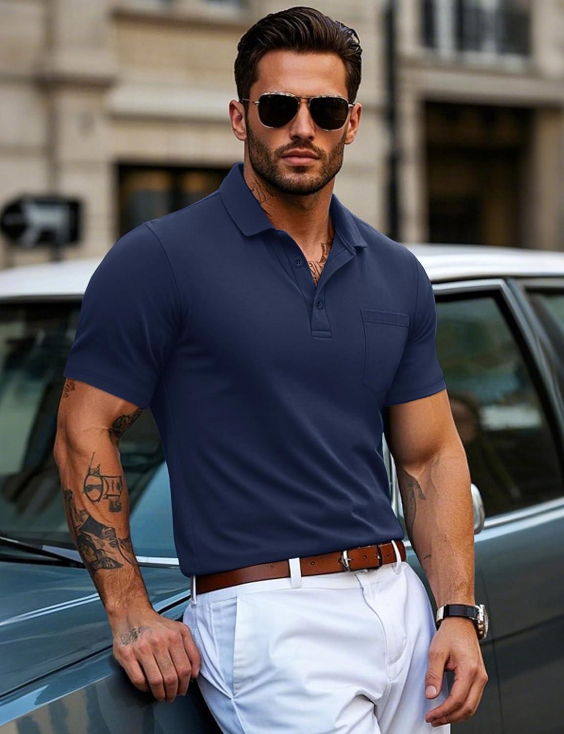 imageMAGCOMSEN Mens Polo Shirts with Pocket Cotton Pique Short Sleeve Collared Shirt Moisture Wicking Golf Shirts 3Button ShirtsNavy Blue