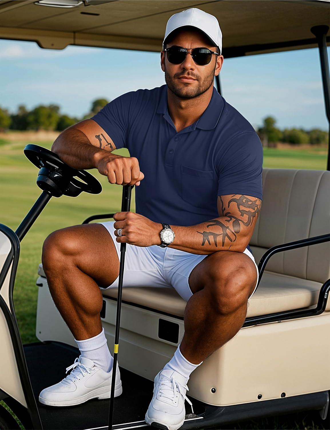 imageMAGCOMSEN Mens Polo Shirts with Pocket Cotton Pique Short Sleeve Collared Shirt Moisture Wicking Golf Shirts 3Button ShirtsNavy Blue