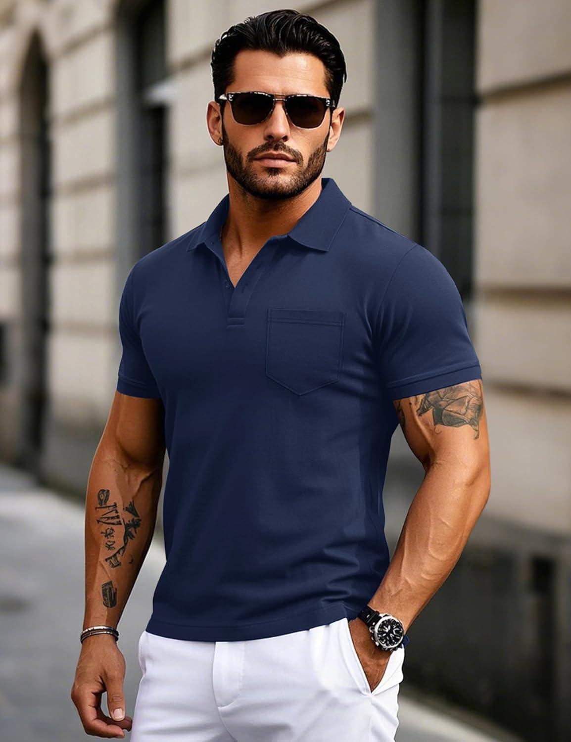 imageMAGCOMSEN Mens Polo Shirts with Pocket Cotton Pique Short Sleeve Collared Shirt Moisture Wicking Golf Shirts 3Button ShirtsNavy Blue