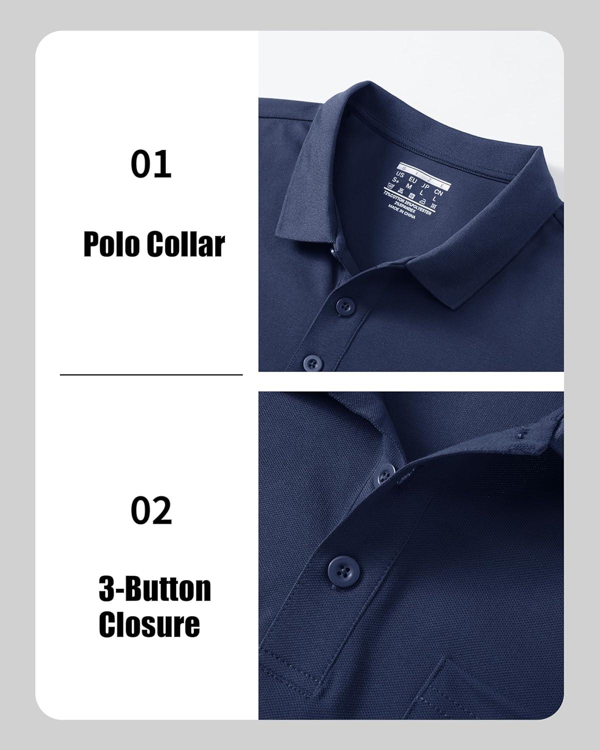 imageMAGCOMSEN Mens Polo Shirts with Pocket Cotton Pique Short Sleeve Collared Shirt Moisture Wicking Golf Shirts 3Button ShirtsNavy Blue