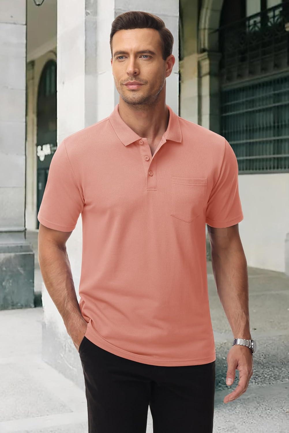 imageMAGCOMSEN Mens Polo Shirts with Pocket Cotton Pique Short Sleeve Collared Shirt Moisture Wicking Golf Shirts 3Button ShirtsPink