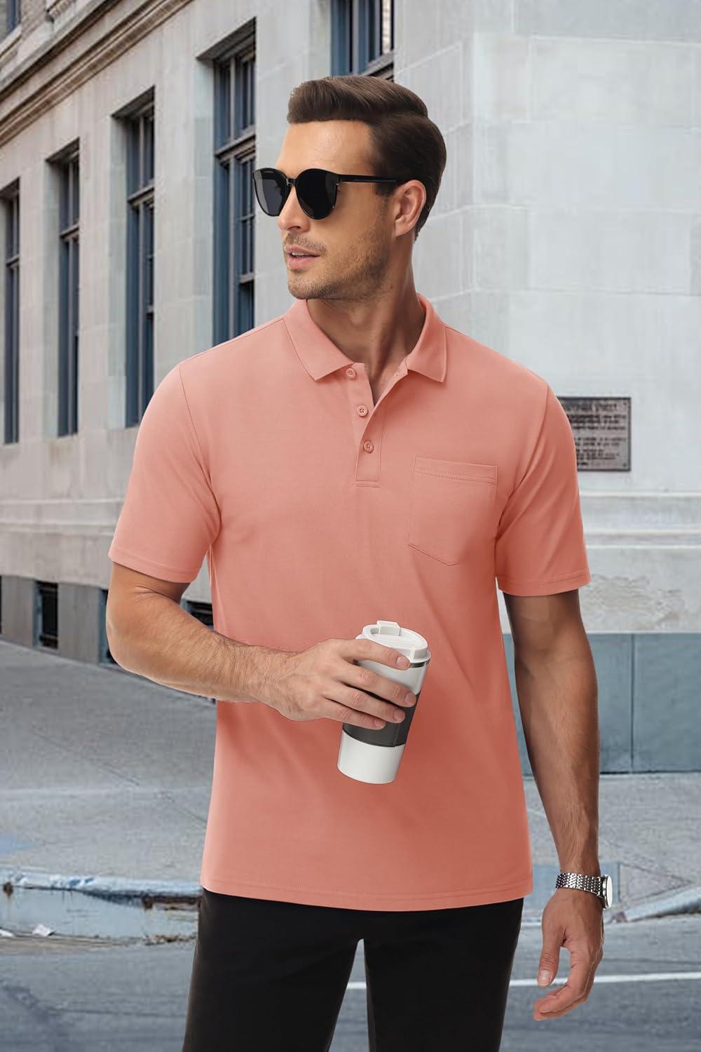 imageMAGCOMSEN Mens Polo Shirts with Pocket Cotton Pique Short Sleeve Collared Shirt Moisture Wicking Golf Shirts 3Button ShirtsPink