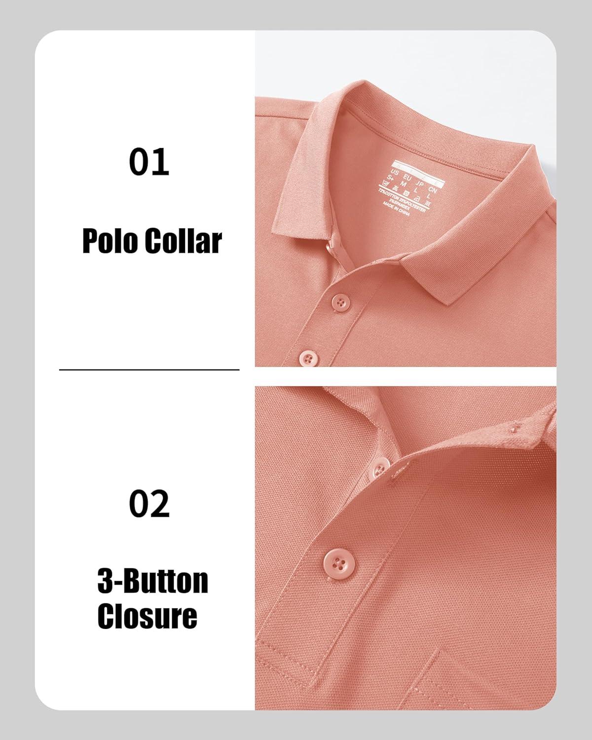 imageMAGCOMSEN Mens Polo Shirts with Pocket Cotton Pique Short Sleeve Collared Shirt Moisture Wicking Golf Shirts 3Button ShirtsPink