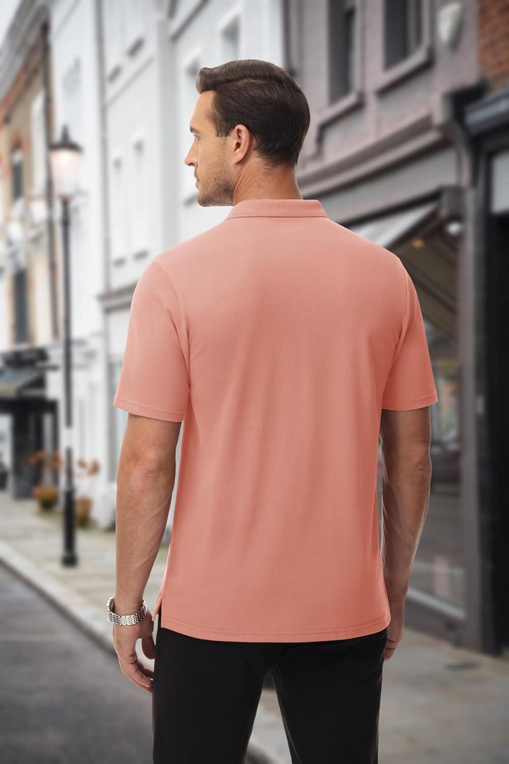 imageMAGCOMSEN Mens Polo Shirts with Pocket Cotton Pique Short Sleeve Collared Shirt Moisture Wicking Golf Shirts 3Button ShirtsPink