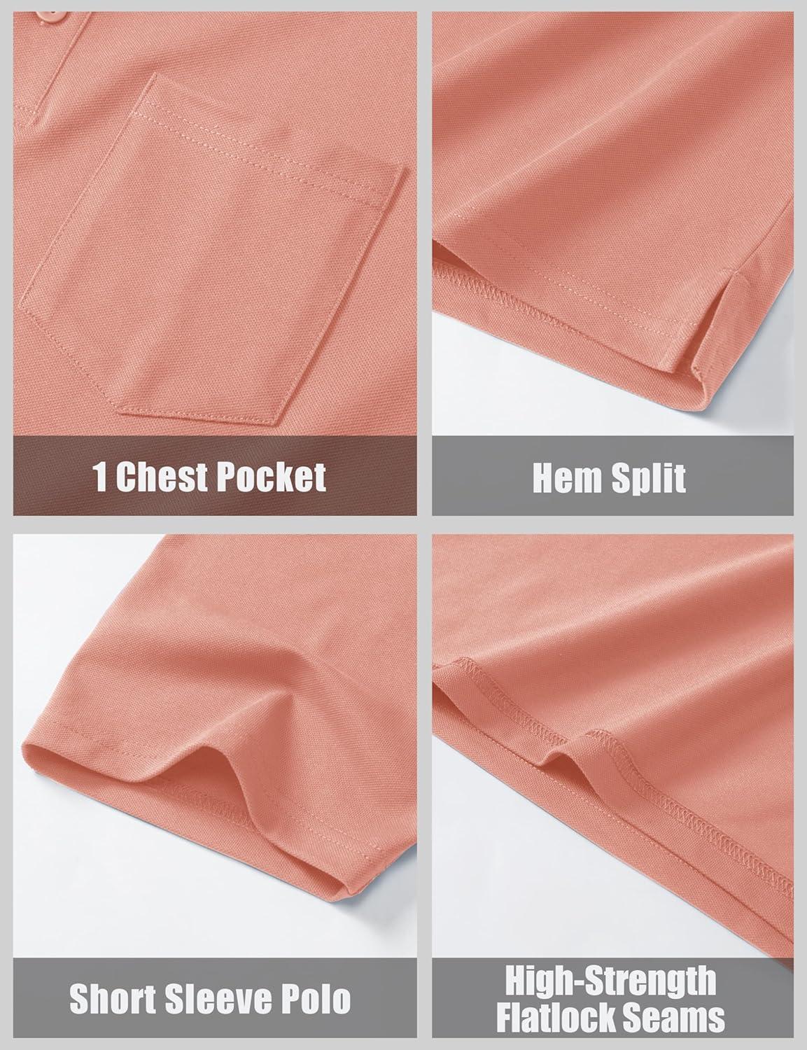 imageMAGCOMSEN Mens Polo Shirts with Pocket Cotton Pique Short Sleeve Collared Shirt Moisture Wicking Golf Shirts 3Button ShirtsPink