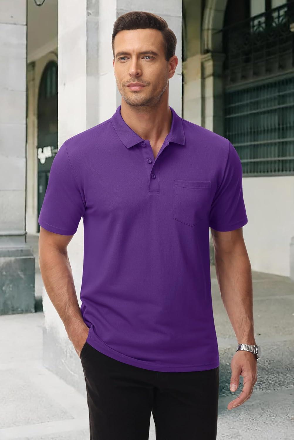 imageMAGCOMSEN Mens Polo Shirts with Pocket Cotton Pique Short Sleeve Collared Shirt Moisture Wicking Golf Shirts 3Button ShirtsPurple