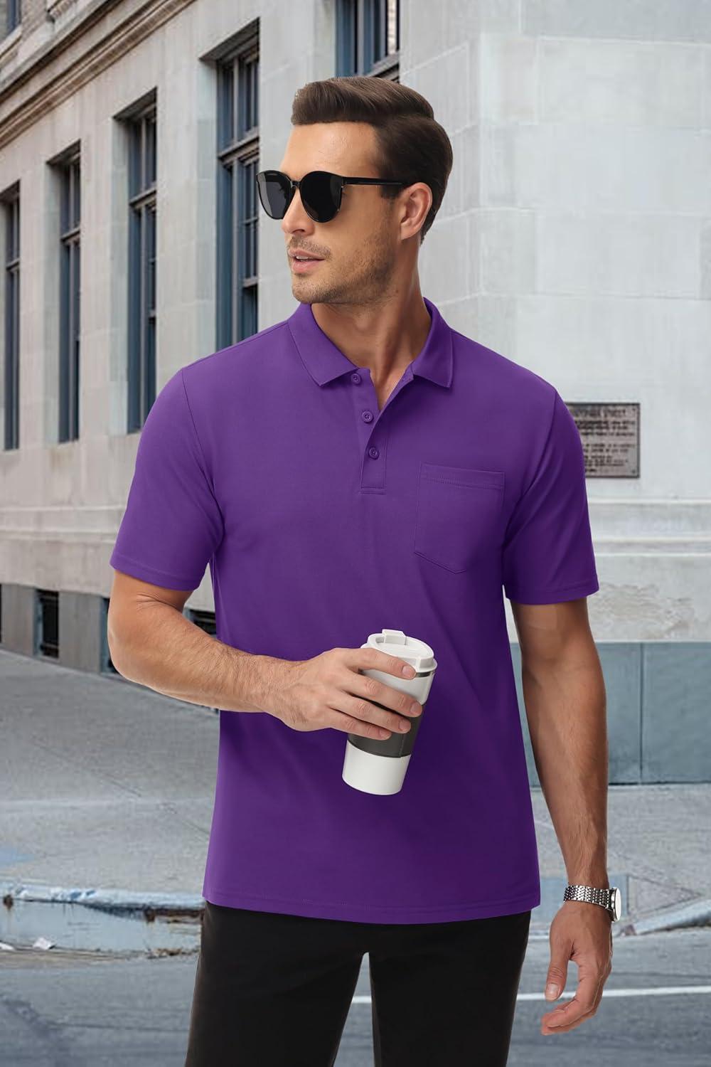 imageMAGCOMSEN Mens Polo Shirts with Pocket Cotton Pique Short Sleeve Collared Shirt Moisture Wicking Golf Shirts 3Button ShirtsPurple