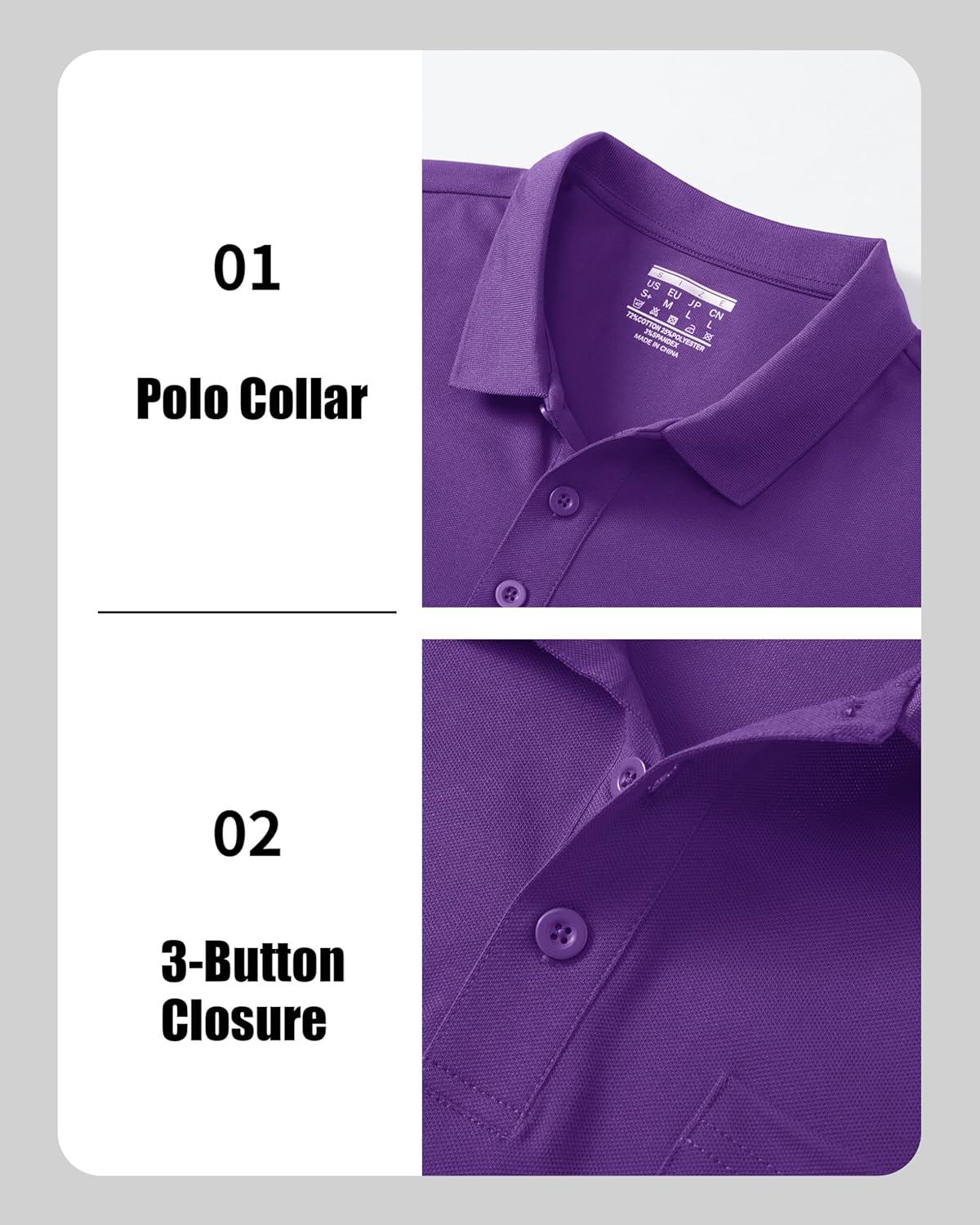 imageMAGCOMSEN Mens Polo Shirts with Pocket Cotton Pique Short Sleeve Collared Shirt Moisture Wicking Golf Shirts 3Button ShirtsPurple