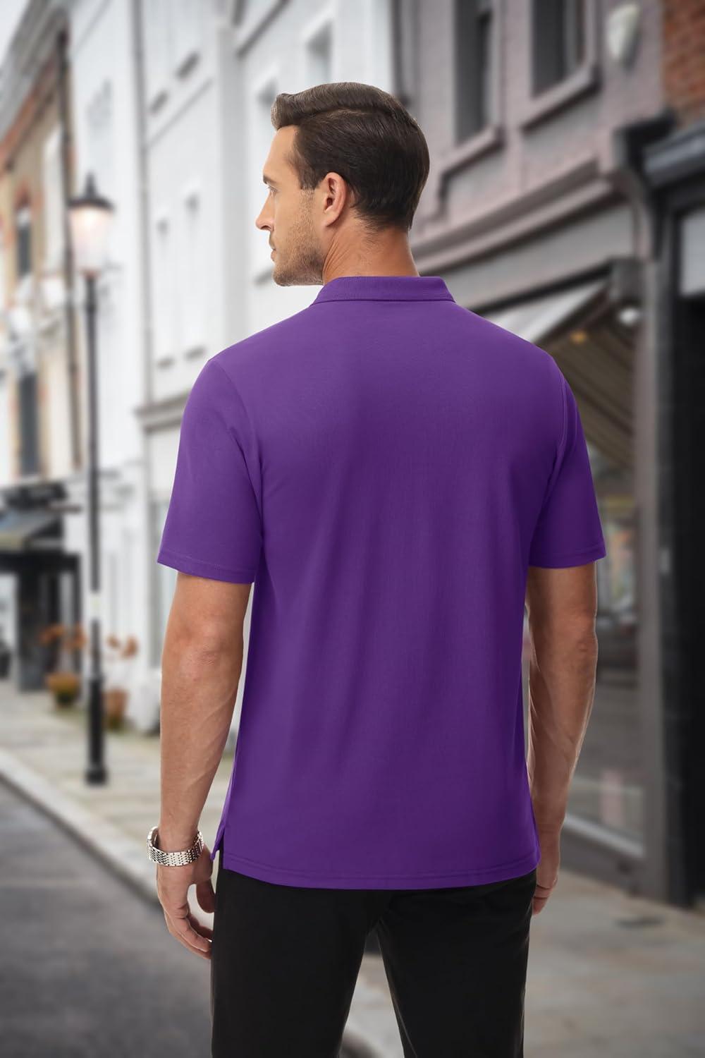 imageMAGCOMSEN Mens Polo Shirts with Pocket Cotton Pique Short Sleeve Collared Shirt Moisture Wicking Golf Shirts 3Button ShirtsPurple