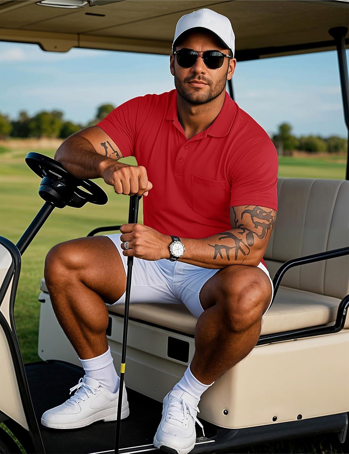 imageMAGCOMSEN Mens Polo Shirts with Pocket Cotton Pique Short Sleeve Collared Shirt Moisture Wicking Golf Shirts 3Button ShirtsRed