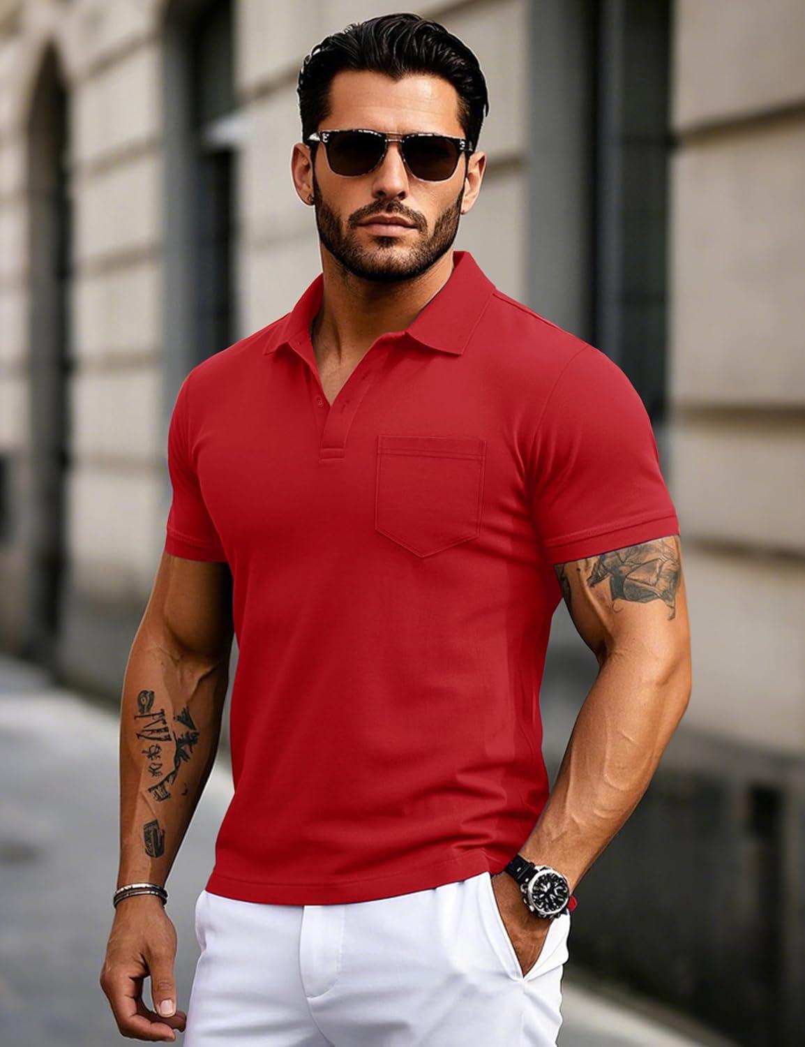 imageMAGCOMSEN Mens Polo Shirts with Pocket Cotton Pique Short Sleeve Collared Shirt Moisture Wicking Golf Shirts 3Button ShirtsRed