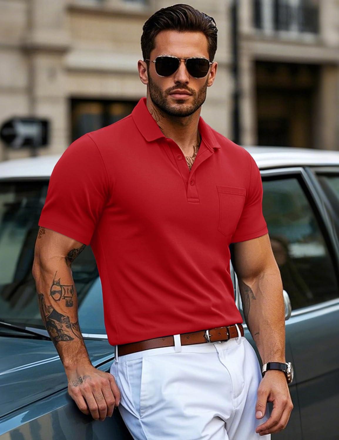 imageMAGCOMSEN Mens Polo Shirts with Pocket Cotton Pique Short Sleeve Collared Shirt Moisture Wicking Golf Shirts 3Button ShirtsRed