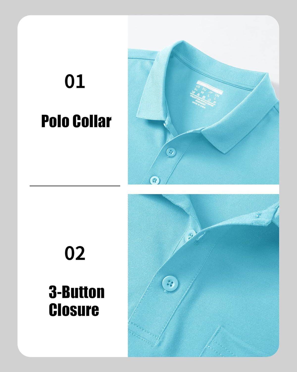 imageMAGCOMSEN Mens Polo Shirts with Pocket Cotton Pique Short Sleeve Collared Shirt Moisture Wicking Golf Shirts 3Button ShirtsSky Blue
