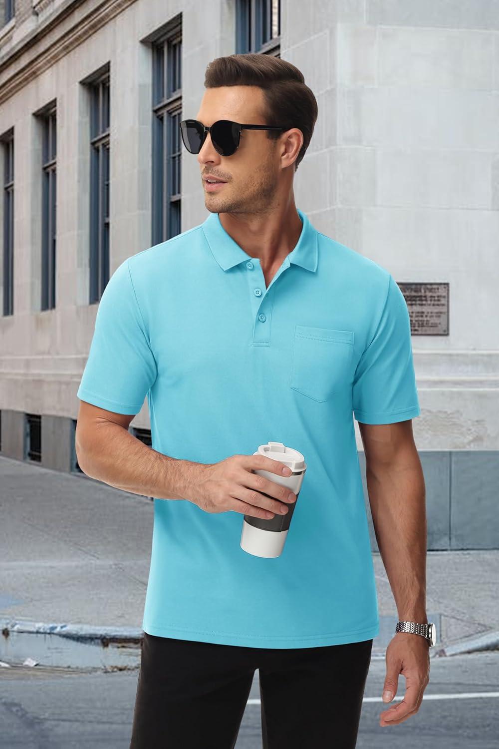 imageMAGCOMSEN Mens Polo Shirts with Pocket Cotton Pique Short Sleeve Collared Shirt Moisture Wicking Golf Shirts 3Button ShirtsSky Blue