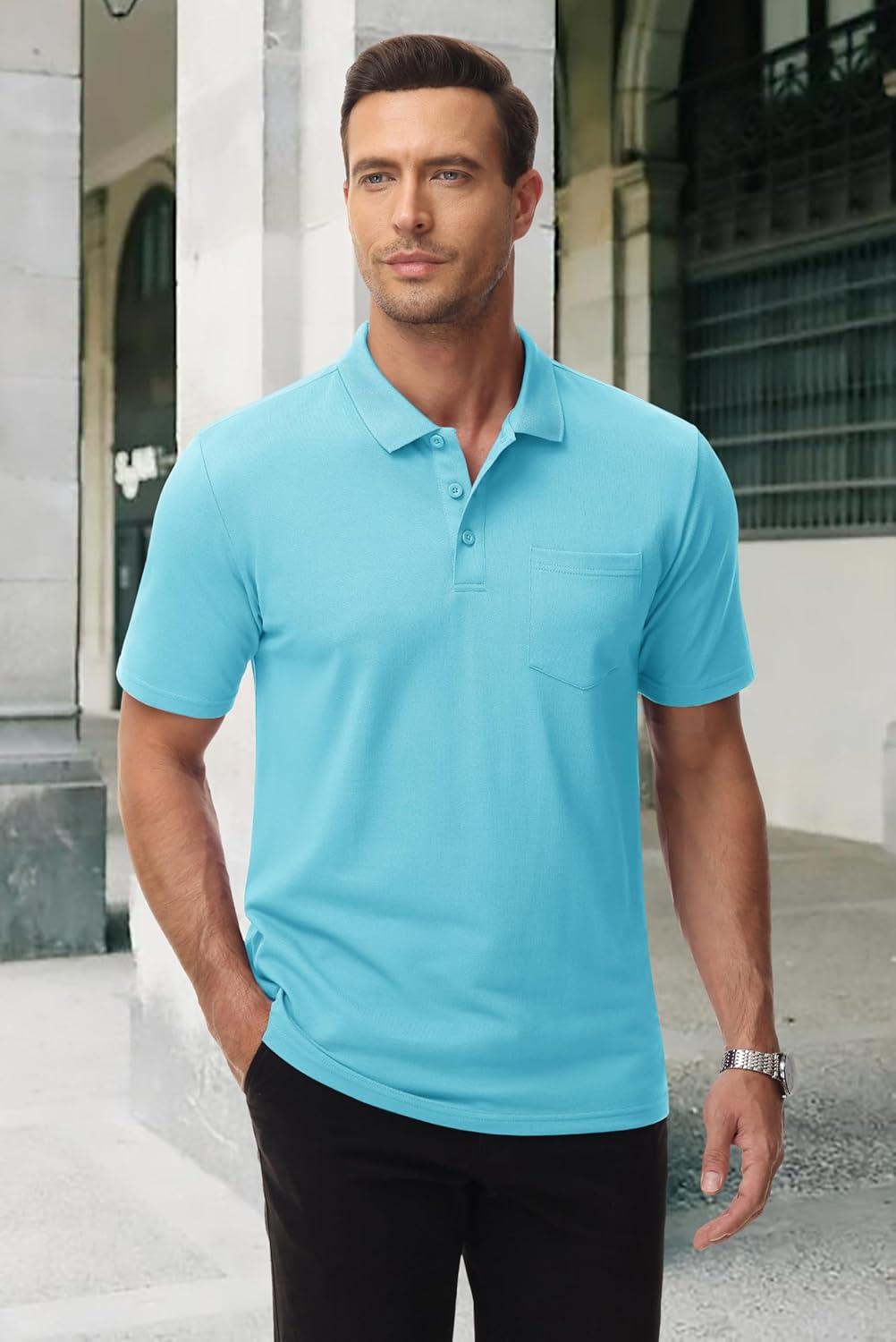 imageMAGCOMSEN Mens Polo Shirts with Pocket Cotton Pique Short Sleeve Collared Shirt Moisture Wicking Golf Shirts 3Button ShirtsSky Blue
