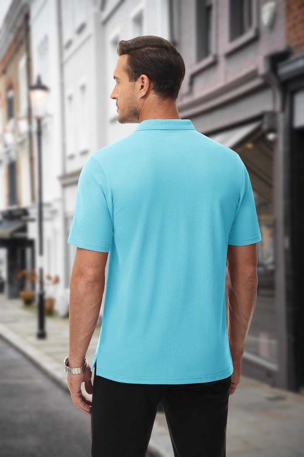 imageMAGCOMSEN Mens Polo Shirts with Pocket Cotton Pique Short Sleeve Collared Shirt Moisture Wicking Golf Shirts 3Button ShirtsSky Blue