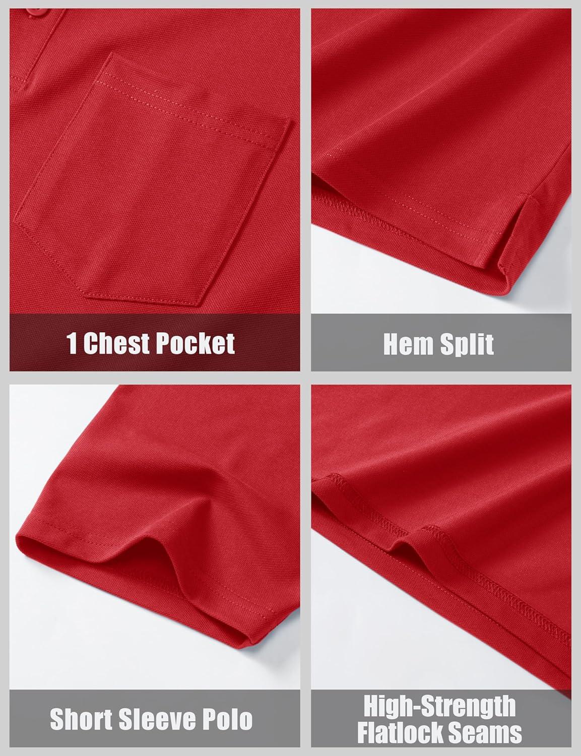imageMAGCOMSEN Mens Polo Shirts with Pocket Cotton Pique Short Sleeve Collared Shirt Moisture Wicking Golf Shirts 3Button ShirtsTomato Red