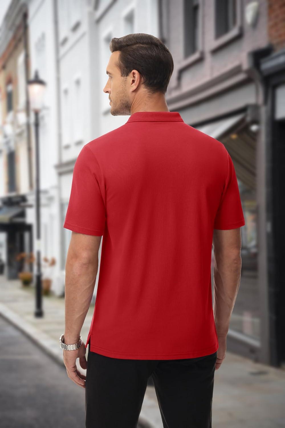 imageMAGCOMSEN Mens Polo Shirts with Pocket Cotton Pique Short Sleeve Collared Shirt Moisture Wicking Golf Shirts 3Button ShirtsTomato Red