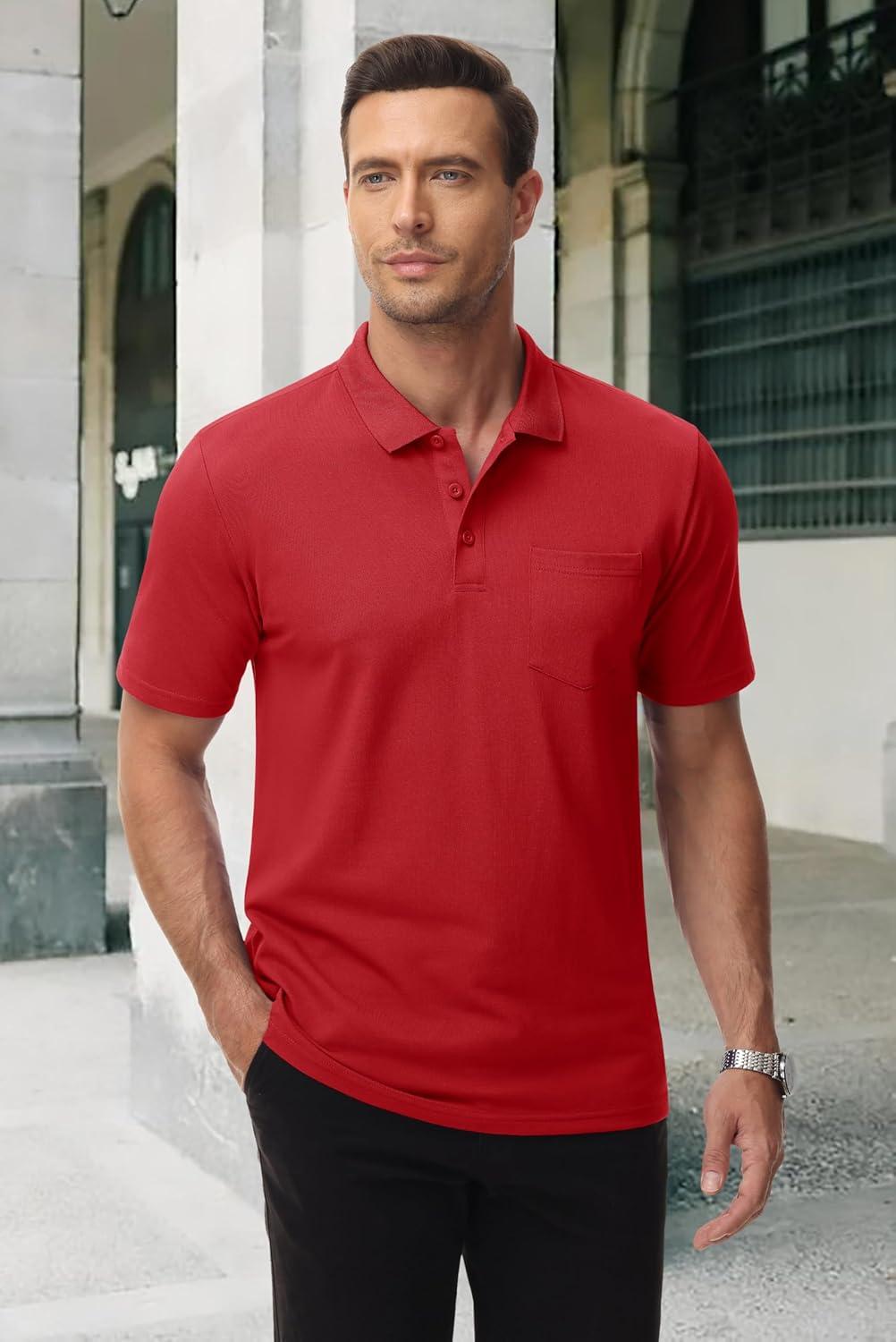 imageMAGCOMSEN Mens Polo Shirts with Pocket Cotton Pique Short Sleeve Collared Shirt Moisture Wicking Golf Shirts 3Button ShirtsTomato Red