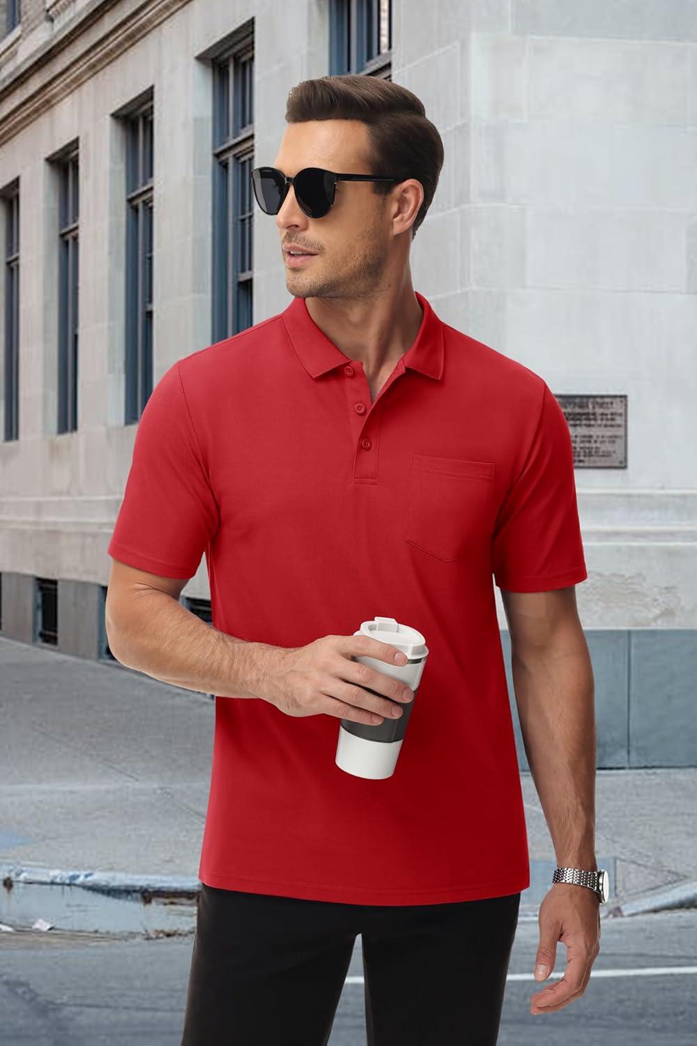 imageMAGCOMSEN Mens Polo Shirts with Pocket Cotton Pique Short Sleeve Collared Shirt Moisture Wicking Golf Shirts 3Button ShirtsTomato Red