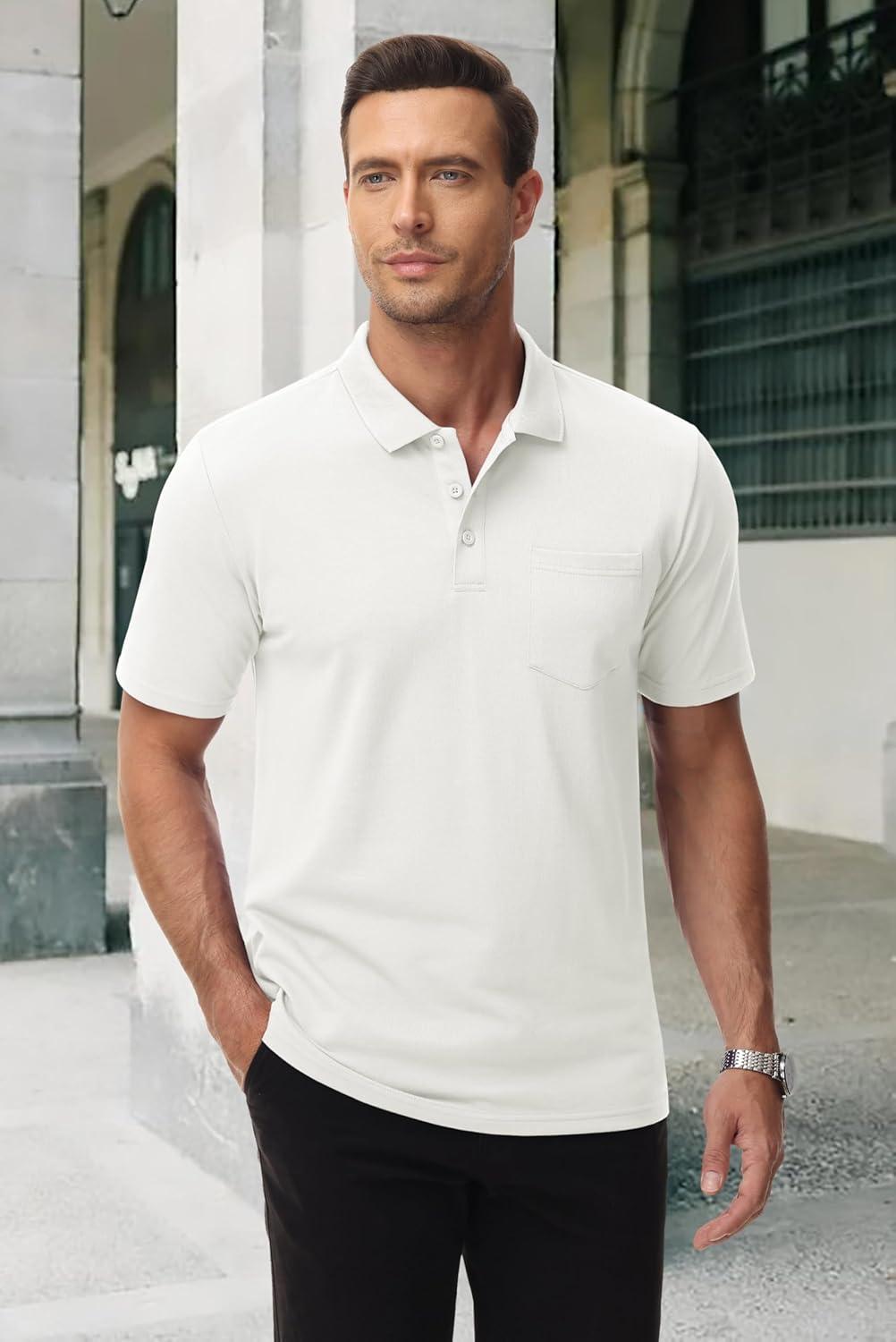 imageMAGCOMSEN Mens Polo Shirts with Pocket Cotton Pique Short Sleeve Collared Shirt Moisture Wicking Golf Shirts 3Button ShirtsWhite