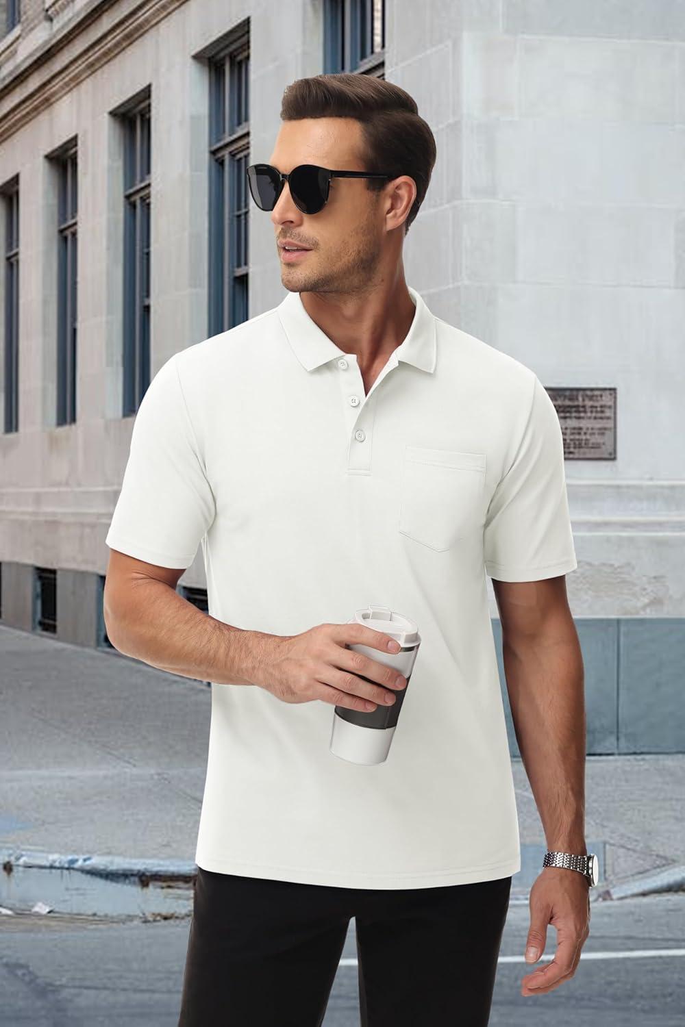 imageMAGCOMSEN Mens Polo Shirts with Pocket Cotton Pique Short Sleeve Collared Shirt Moisture Wicking Golf Shirts 3Button ShirtsWhite
