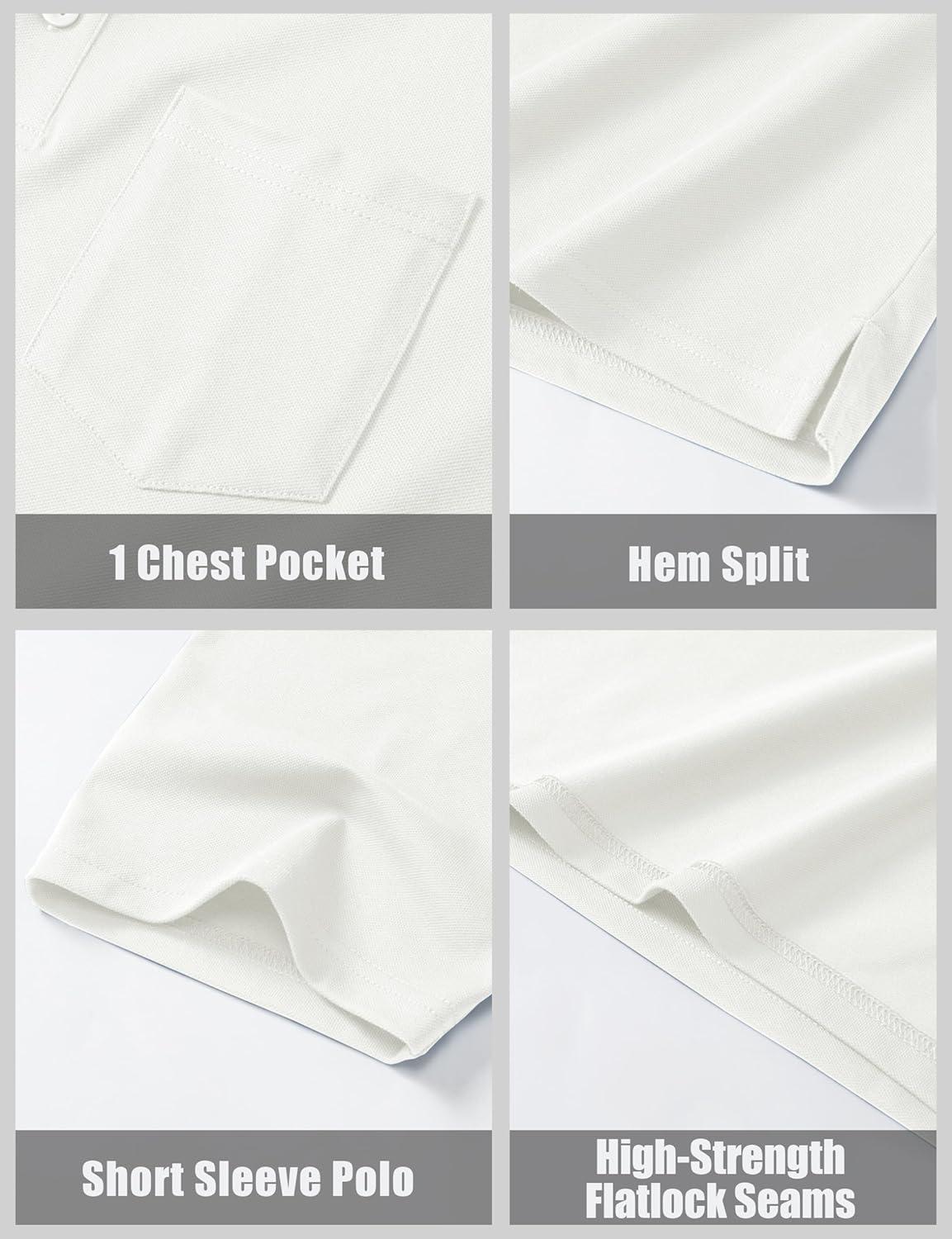 imageMAGCOMSEN Mens Polo Shirts with Pocket Cotton Pique Short Sleeve Collared Shirt Moisture Wicking Golf Shirts 3Button ShirtsWhite