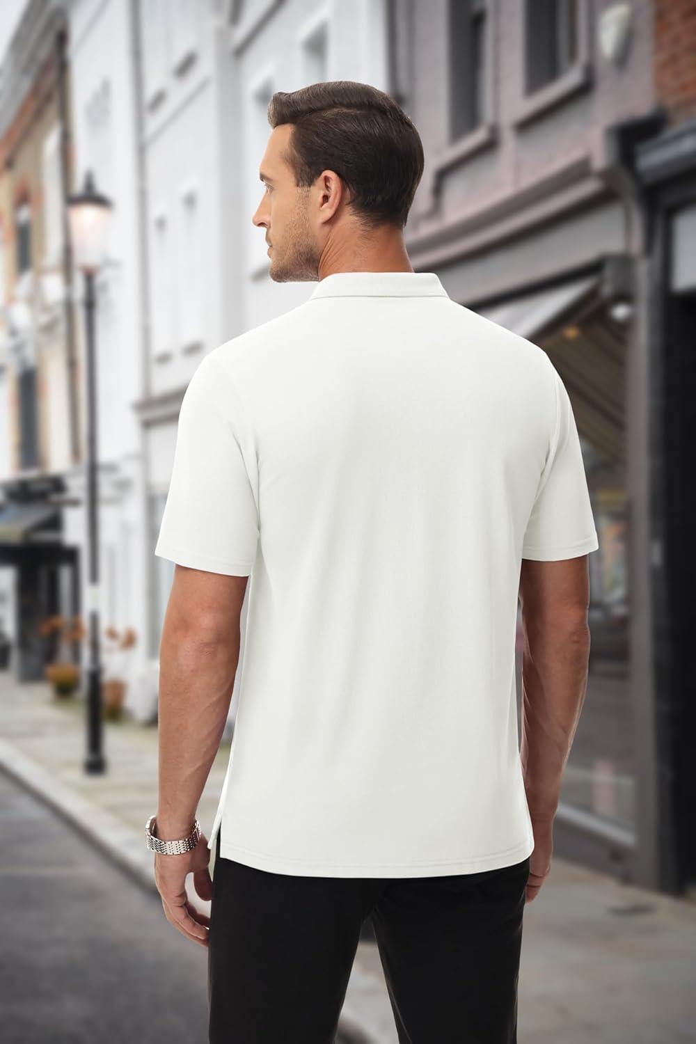 imageMAGCOMSEN Mens Polo Shirts with Pocket Cotton Pique Short Sleeve Collared Shirt Moisture Wicking Golf Shirts 3Button ShirtsWhite