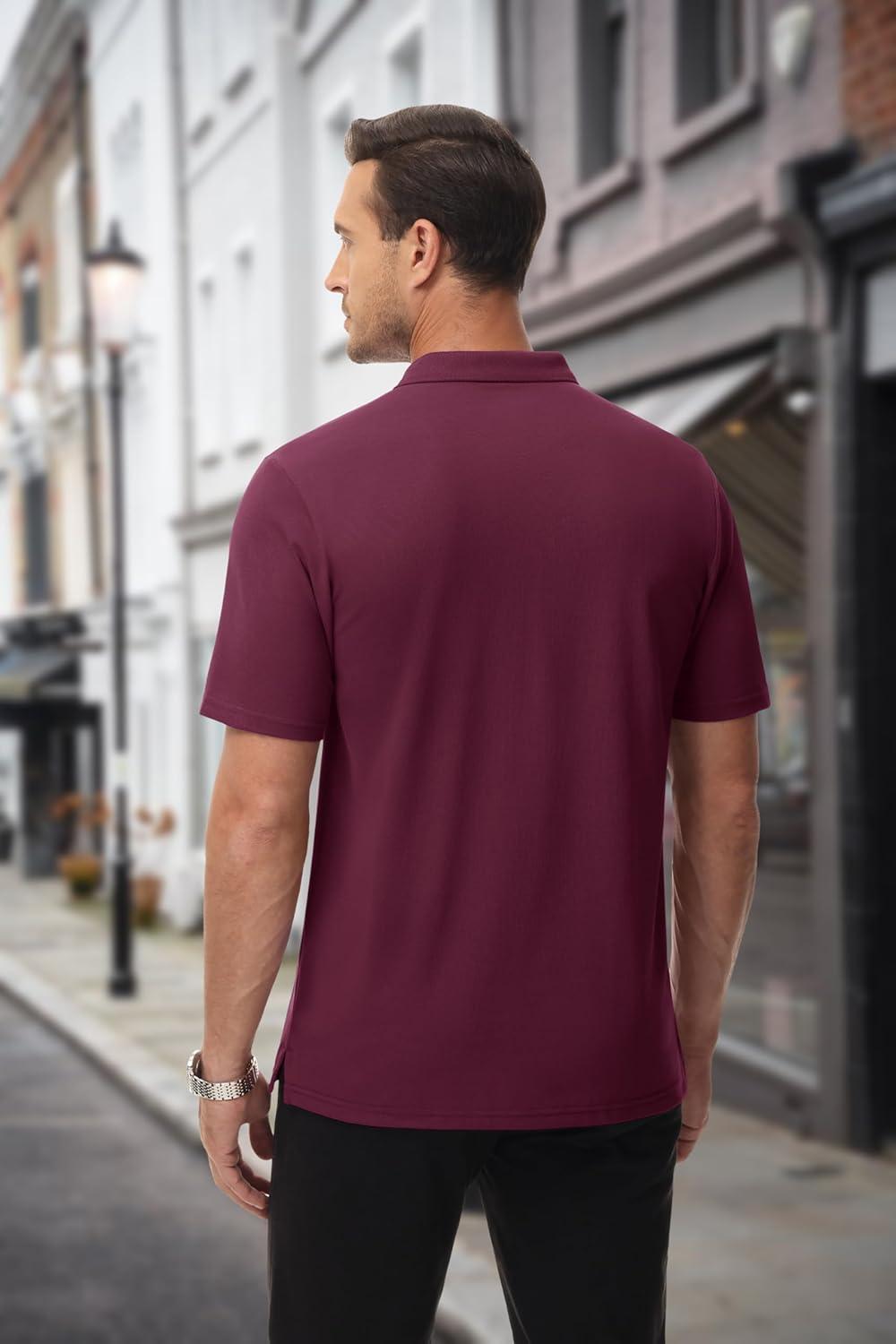 imageMAGCOMSEN Mens Polo Shirts with Pocket Cotton Pique Short Sleeve Collared Shirt Moisture Wicking Golf Shirts 3Button ShirtsWine Red