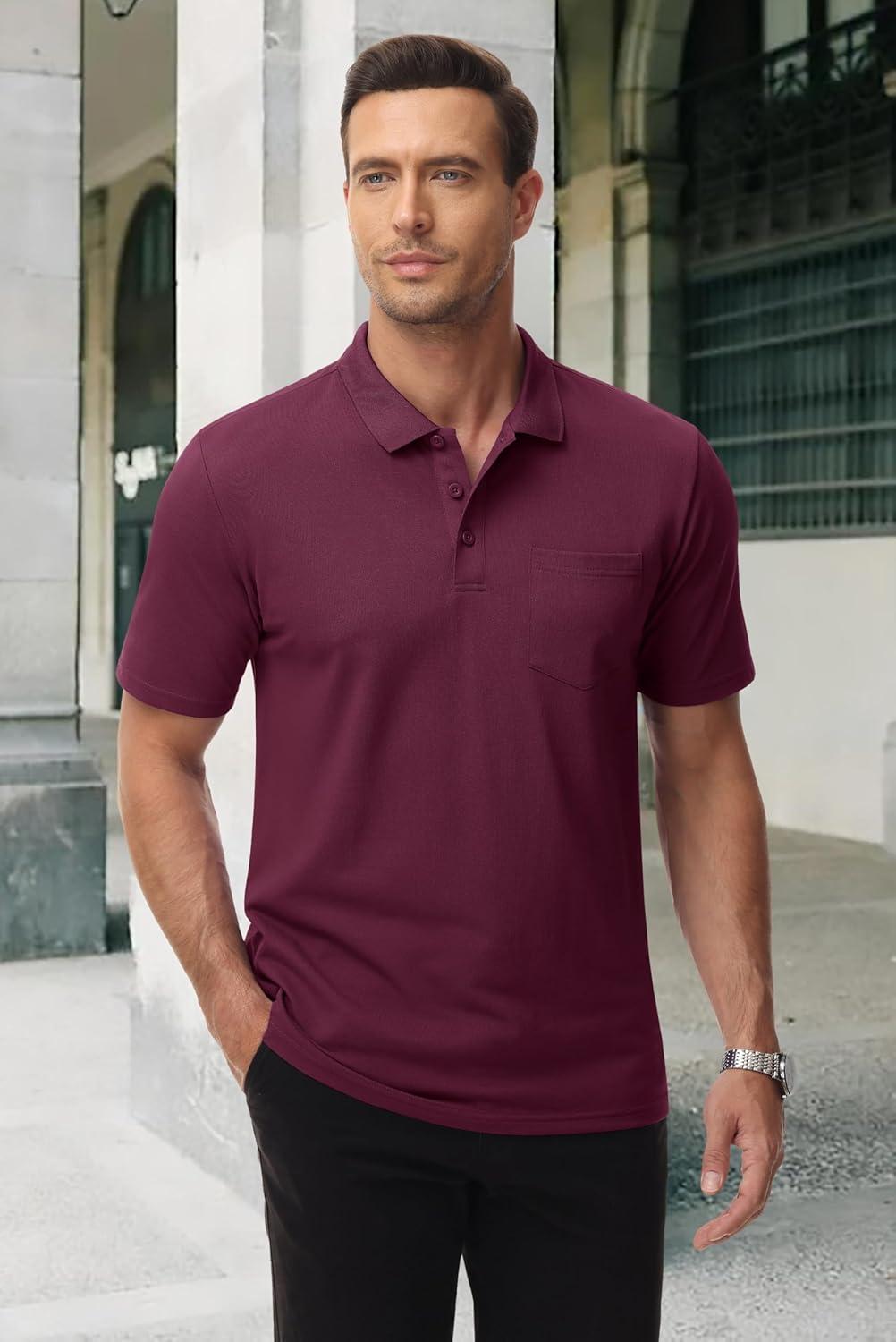 imageMAGCOMSEN Mens Polo Shirts with Pocket Cotton Pique Short Sleeve Collared Shirt Moisture Wicking Golf Shirts 3Button ShirtsWine Red