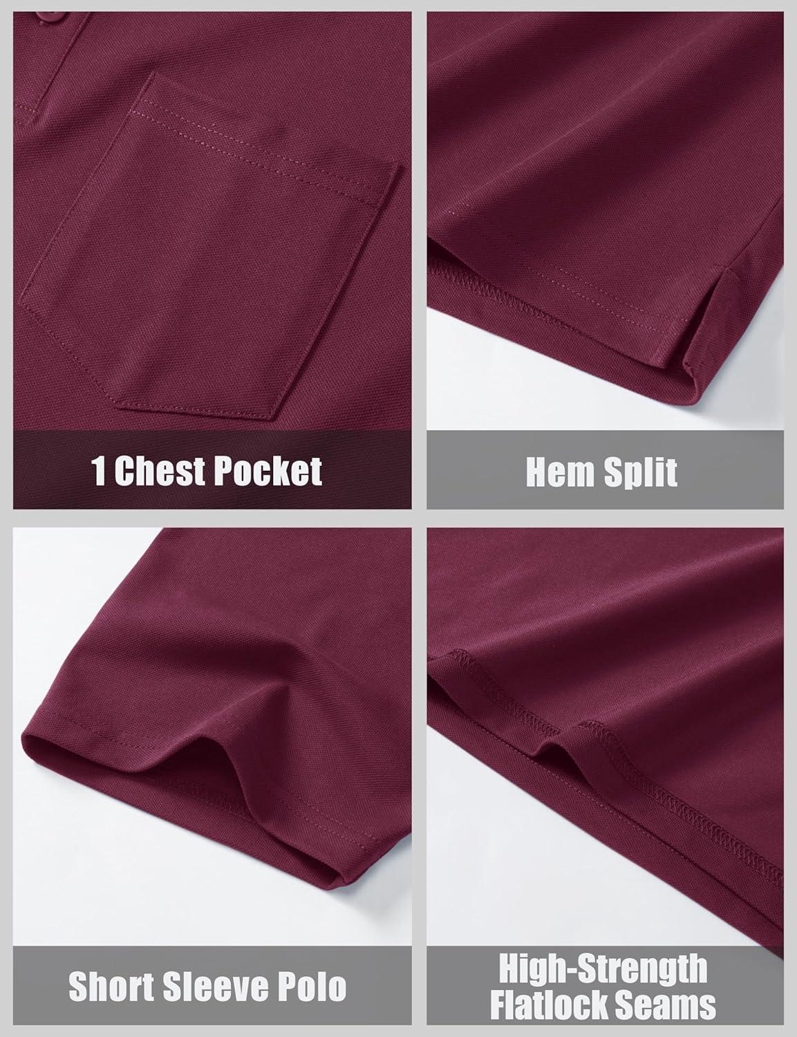 imageMAGCOMSEN Mens Polo Shirts with Pocket Cotton Pique Short Sleeve Collared Shirt Moisture Wicking Golf Shirts 3Button ShirtsWine Red