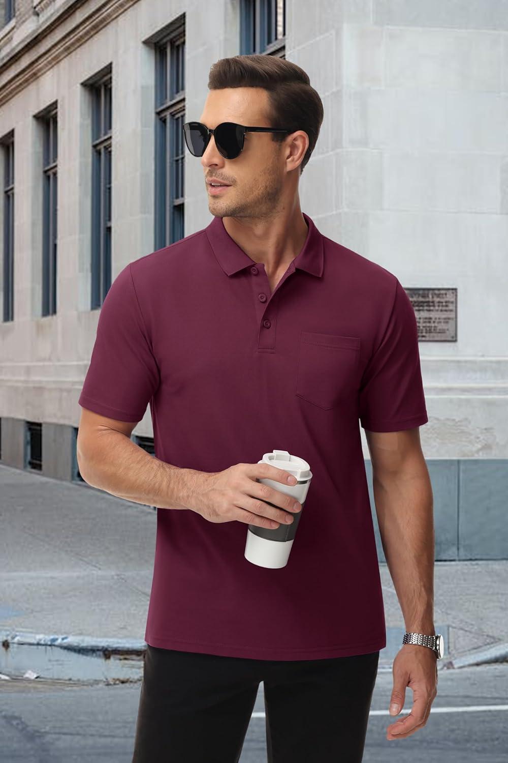 imageMAGCOMSEN Mens Polo Shirts with Pocket Cotton Pique Short Sleeve Collared Shirt Moisture Wicking Golf Shirts 3Button ShirtsWine Red
