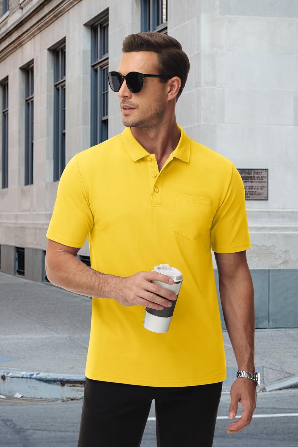imageMAGCOMSEN Mens Polo Shirts with Pocket Cotton Pique Short Sleeve Collared Shirt Moisture Wicking Golf Shirts 3Button ShirtsYellow