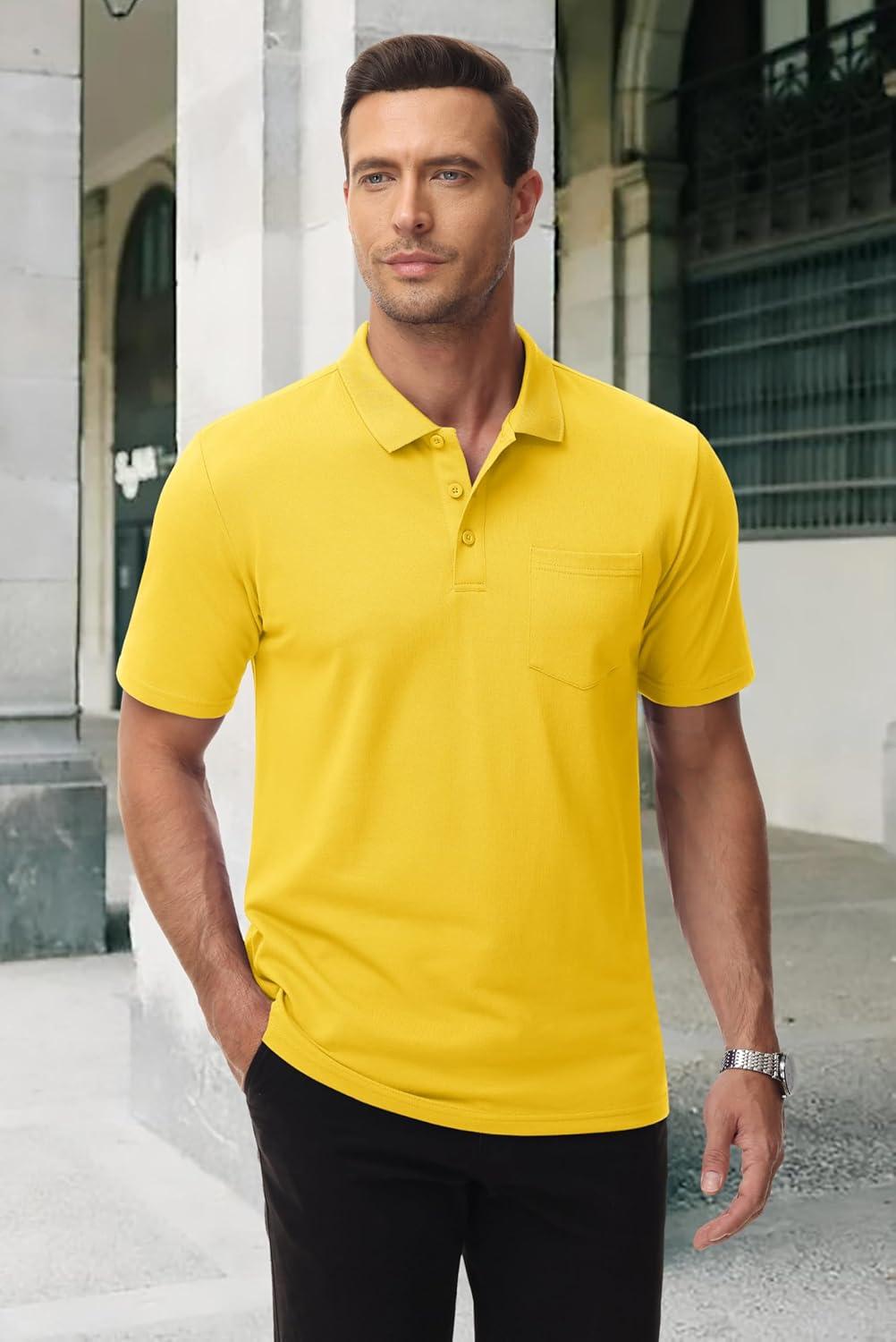 imageMAGCOMSEN Mens Polo Shirts with Pocket Cotton Pique Short Sleeve Collared Shirt Moisture Wicking Golf Shirts 3Button ShirtsYellow