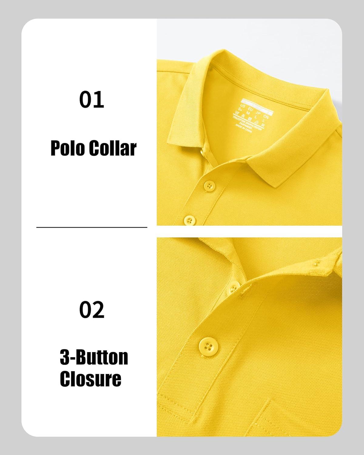 imageMAGCOMSEN Mens Polo Shirts with Pocket Cotton Pique Short Sleeve Collared Shirt Moisture Wicking Golf Shirts 3Button ShirtsYellow