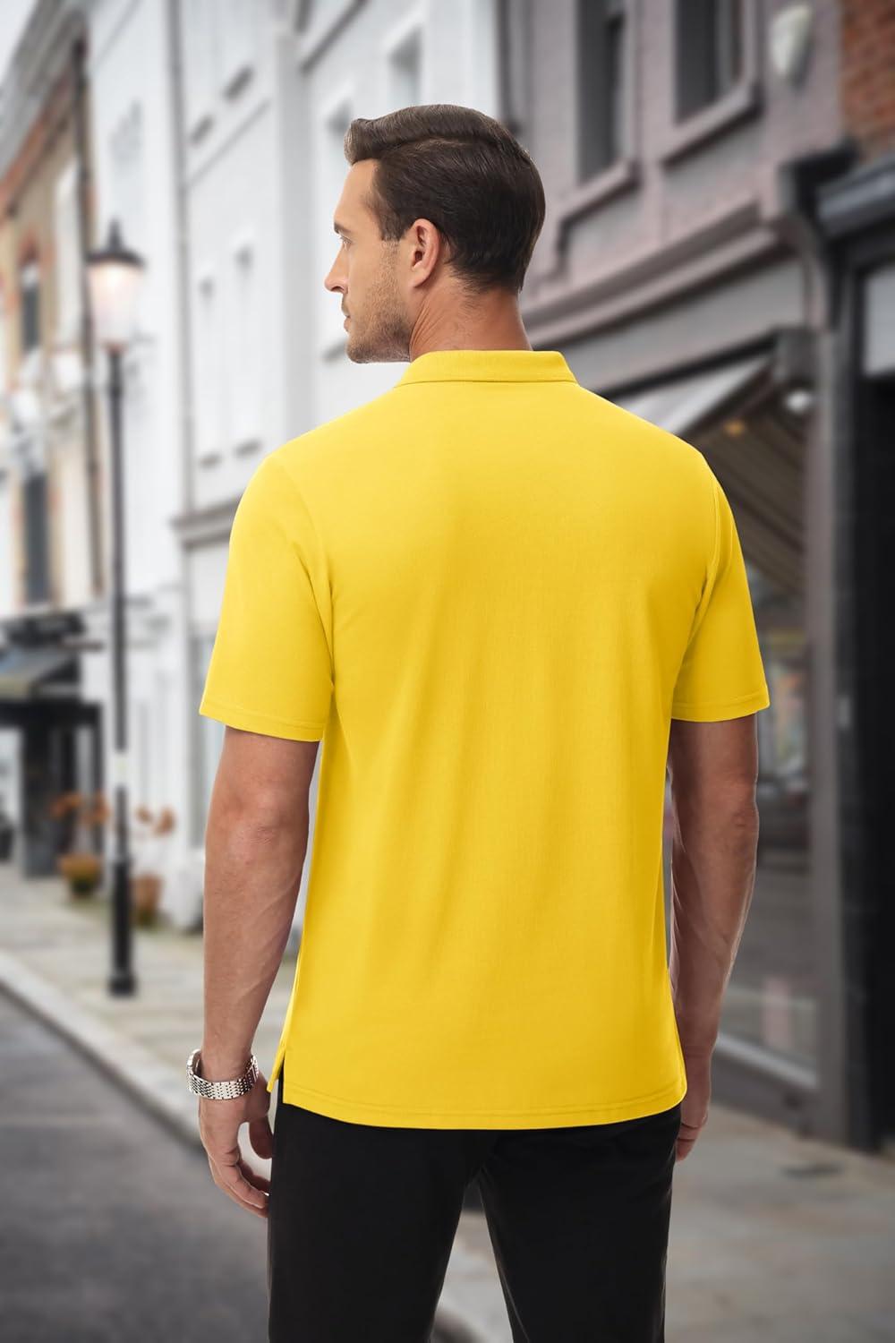 imageMAGCOMSEN Mens Polo Shirts with Pocket Cotton Pique Short Sleeve Collared Shirt Moisture Wicking Golf Shirts 3Button ShirtsYellow