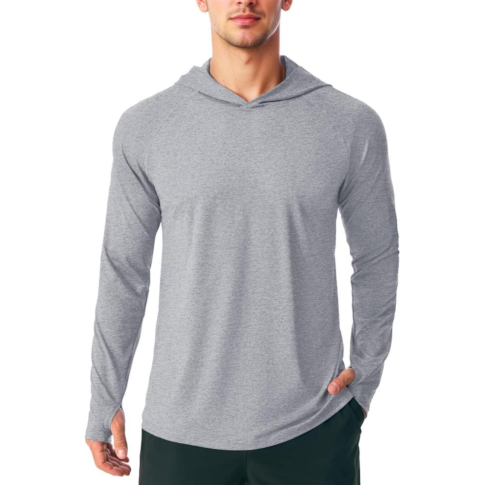 imageMAGCOMSEN Mens Hooded UPF 50 Sun Protection T Shirts Long Sleeve Athletic Fishing Shirts Rash GuardsLight Grey