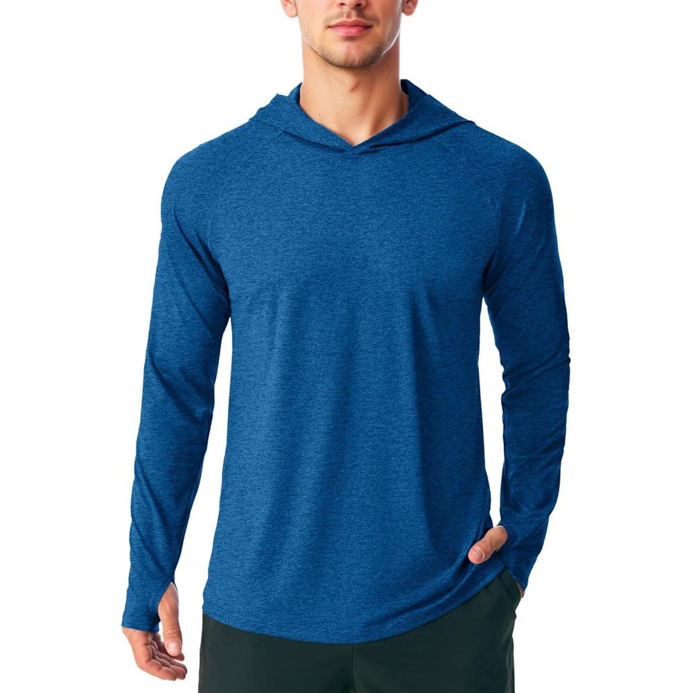 imageMAGCOMSEN Mens Hooded UPF 50 Sun Protection T Shirts Long Sleeve Athletic Fishing Shirts Rash GuardsMiddle Blue