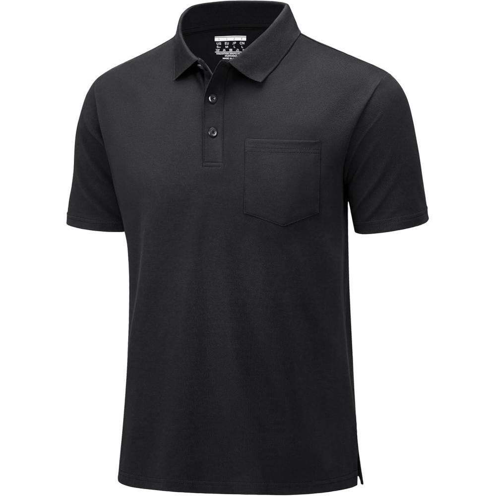 imageMAGCOMSEN Mens Polo Shirts Short Sleeve Cotton Pique Golf Shirts with Pocket Casual Performance Moisture Wicking Polos Black L