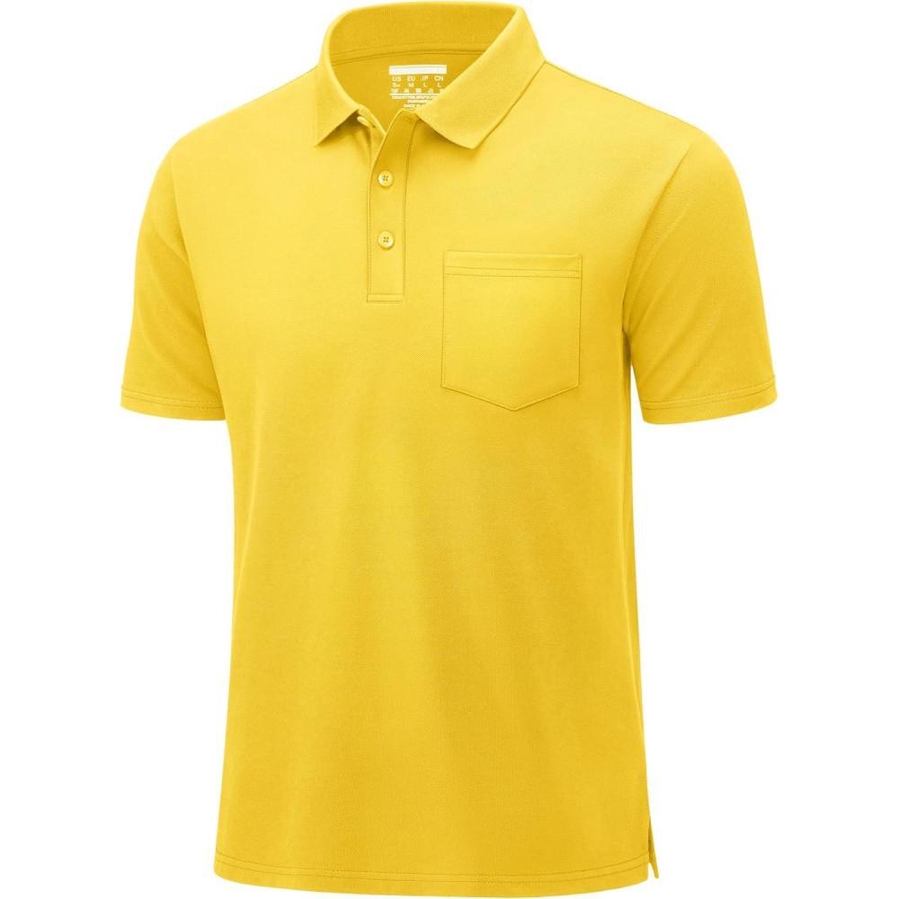 imageMAGCOMSEN Mens Polo Shirts Short Sleeve Cotton Pique Golf Shirts with Pocket Casual Performance Moisture Wicking Polos Yellow XL
